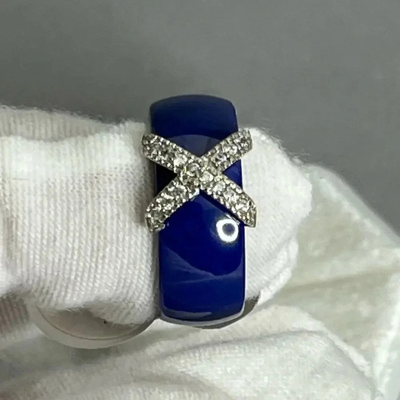 Blue Ceramic Cubic Zirconia Stainless Steel Ring Size 7 - Picture 3 of 10